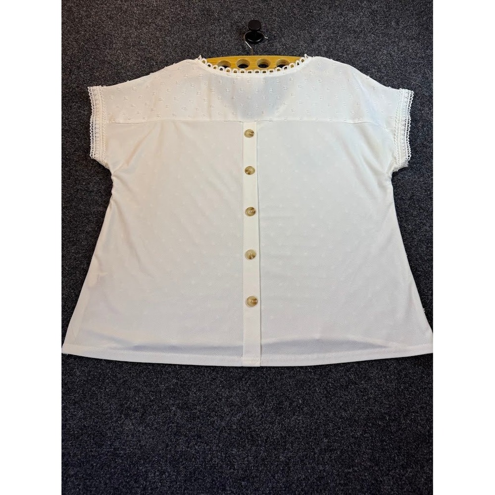Flower & Feather White Swiss Dot Lace Trim V-Neck Button Back Blouse XL TB8515Y - Picture 7 of 9